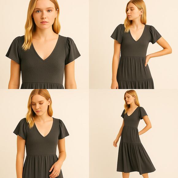 Nation LTD Roman Tiered T Shirt Dress Pima Cotton Gray Smocked Flutter Sleeve S - Picture 3 of 9